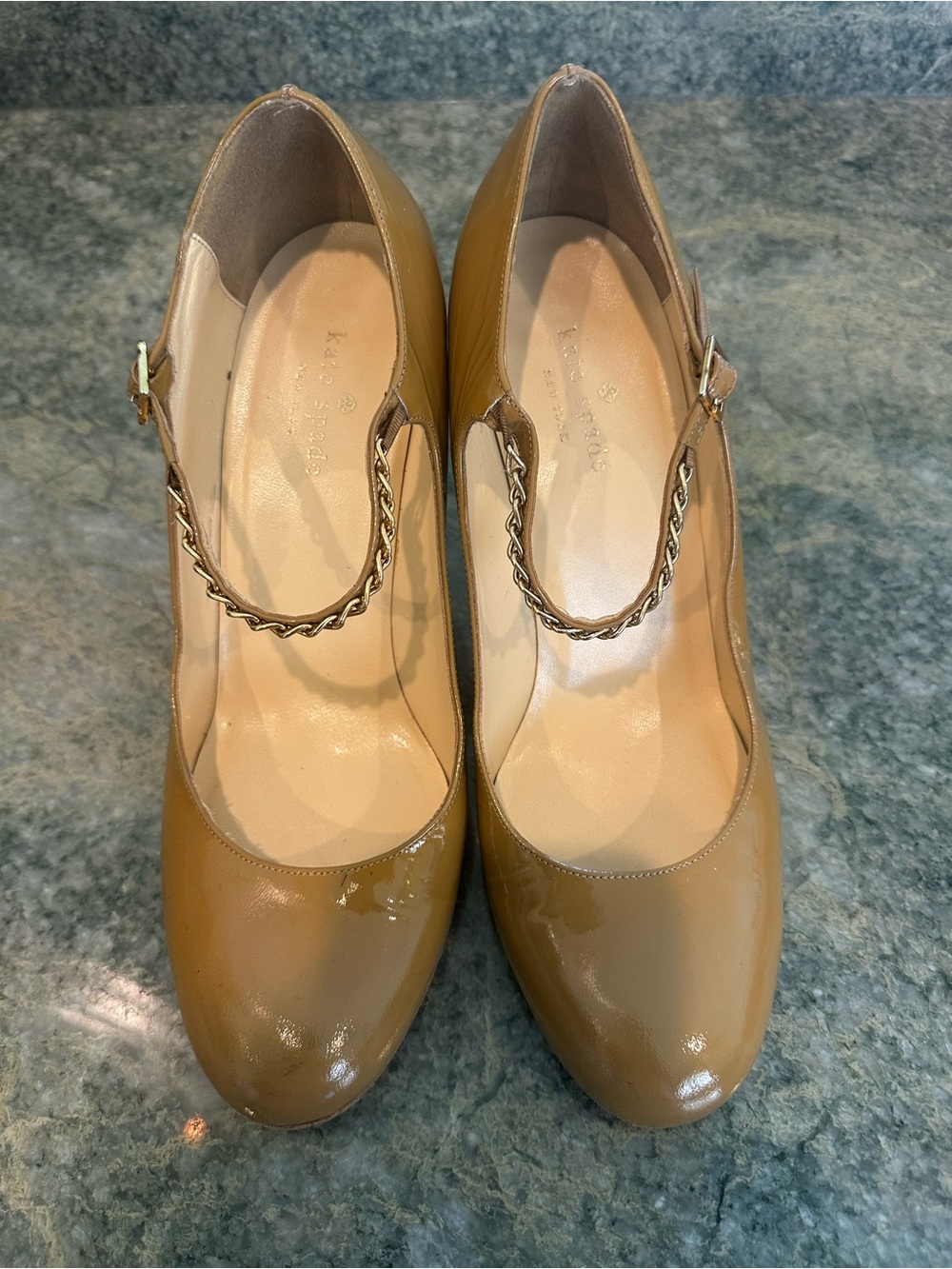 kate spade Glossy Tan Mary Jane Pumps with Chain Strap